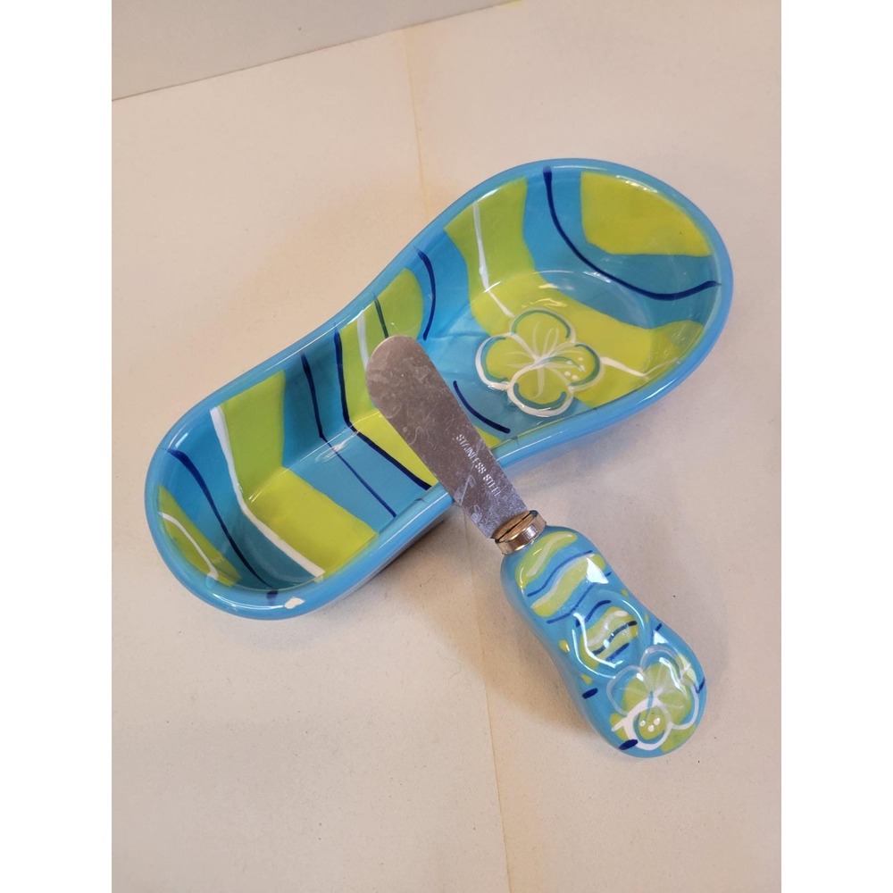 Dennis East Ceramic Flip Flop Cracker Tray and Spreader Set Blue Green Hibiscus